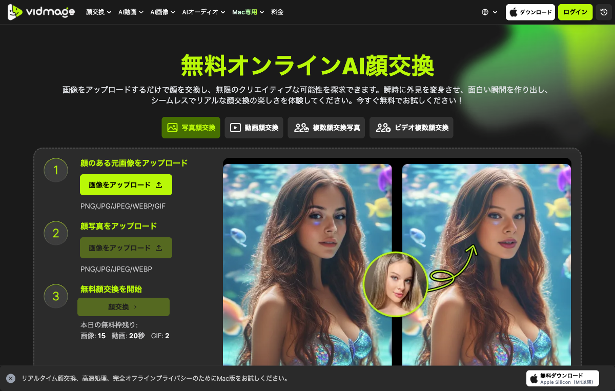 VidMage AI 顔交換ツールの操作画面